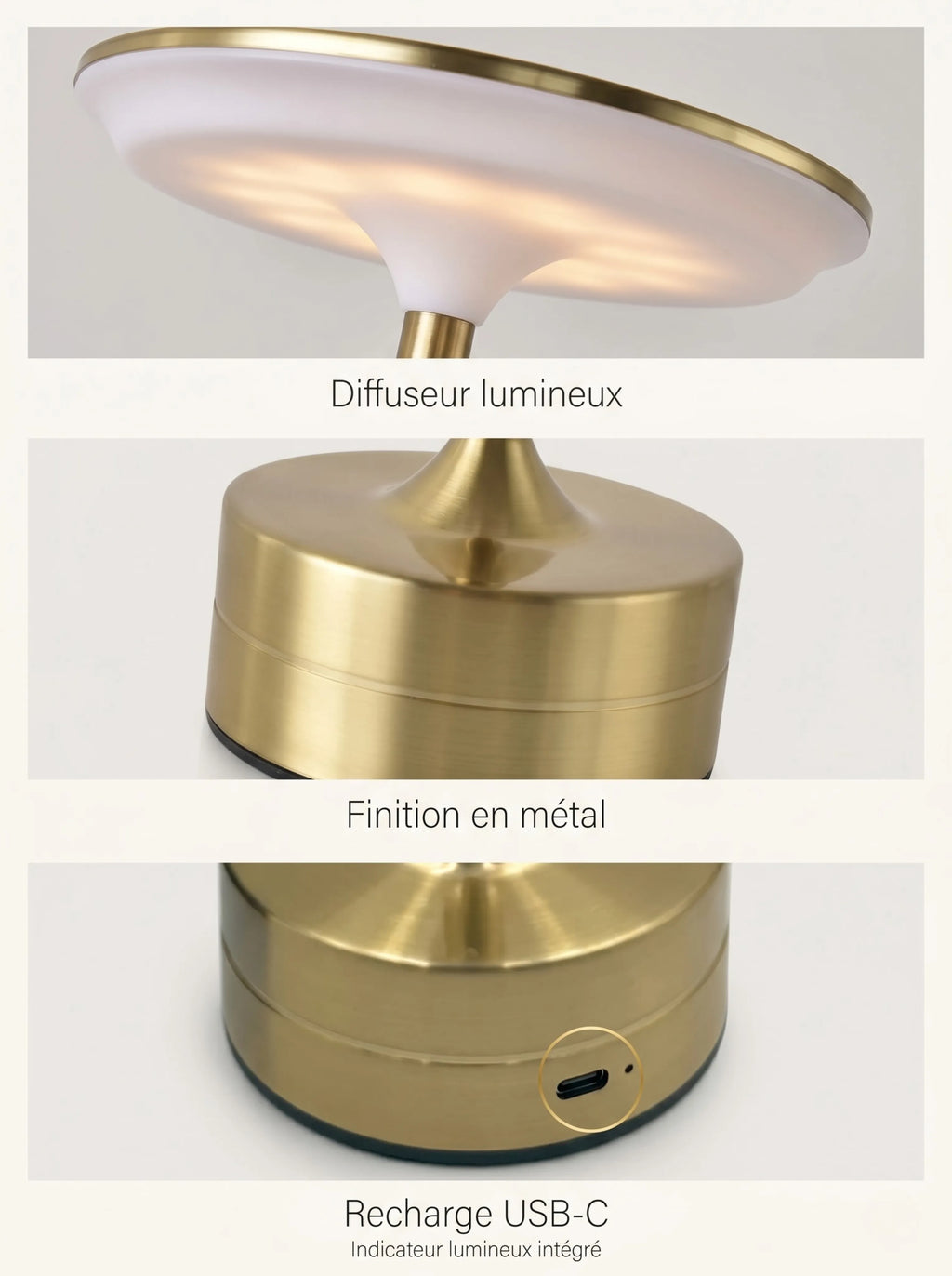Lampe sans fil métal doré - posée sur table de nuit